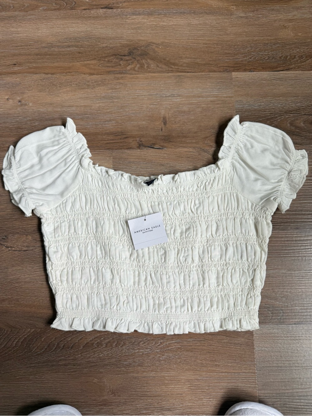 American Eagle Outfitters Cream Smocked Puff-Sleeve Crop Top